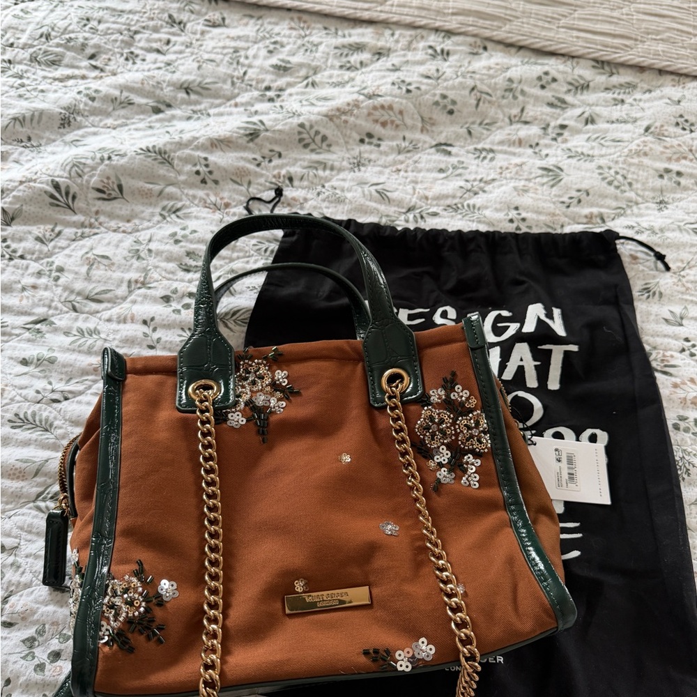 Kurt Geiger Embroidered Sequin Green Brown Tote Shoulder Crossbody Bag NWT - Picture 13 of 16